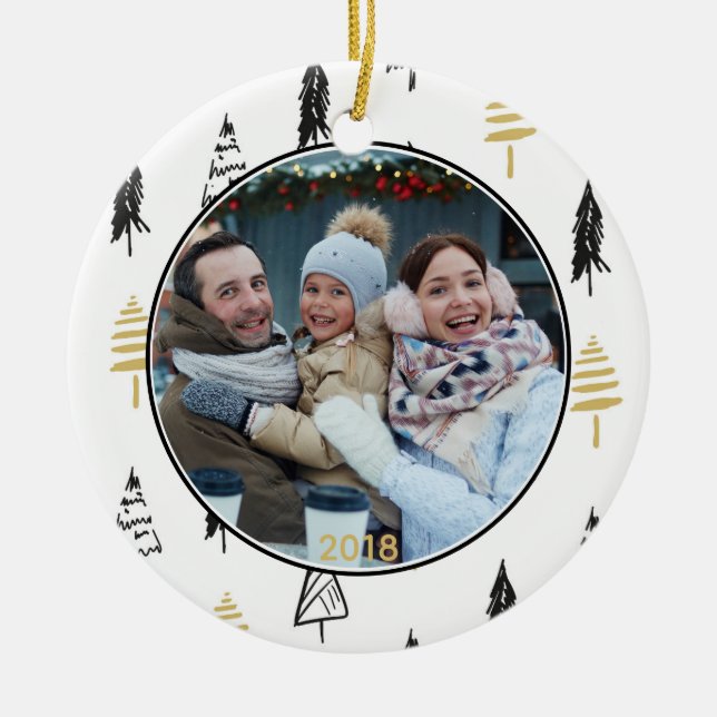 Modern Black & Guld Julgran Mönster Julgransprydnad Keramik (Framsidan)