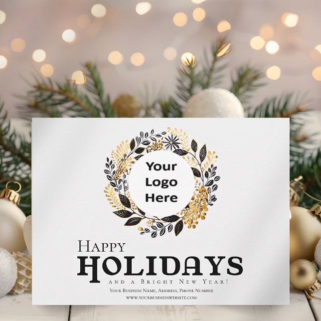 Modern Black Guld-julkorset Lycklig Julkort (Black and Gold Wreath Corporate Happy Holidays Business Christmas Card with Logo )