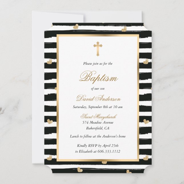 Modern Black Guld Kor Hearts Baptism Inbjudningar (Framsida)