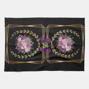Modern Black Guld Lila Blommigt Trendig Boho Towel Kökshandduk