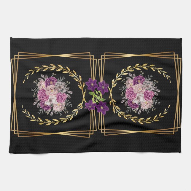Modern Black Guld Lila Blommigt Trendig Boho Towel Kökshandduk (Horisontell)