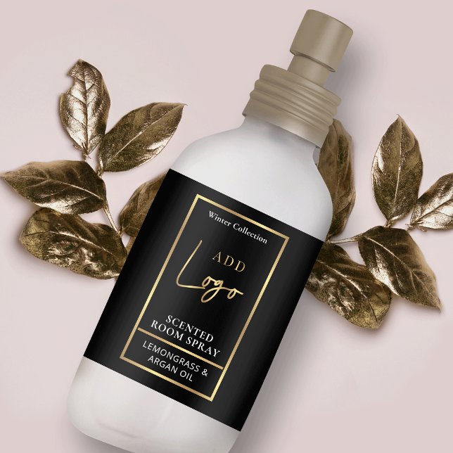 Modern Black & Guld Logotyp Room Spray Flaska-etik Fraktsedel (Black and gold air freshener spray wrap around label design with space for your logo)
