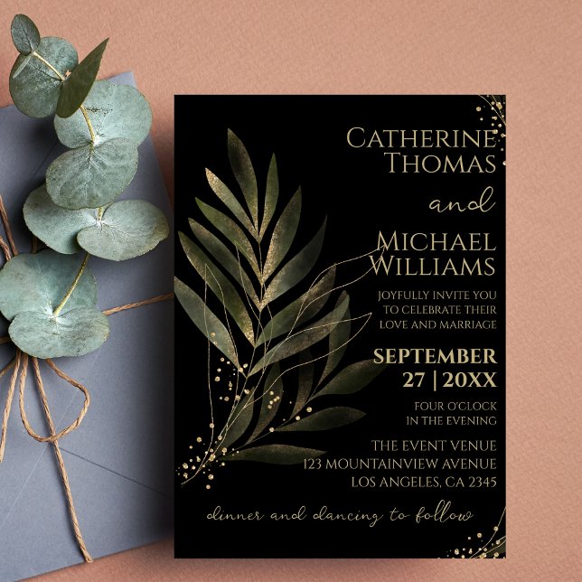 Modern Black Guld Löv Bröllop Monogram Inbjudningar (Skapare uppladdad)