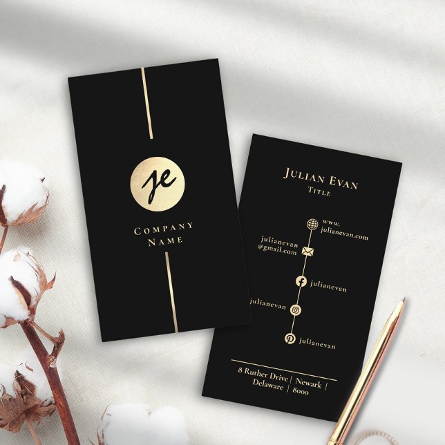 Modern Black Guld Luxe Handskrift Monogram Visitkort (Modern Black Gold Luxe Handwriting Monogram business Card)