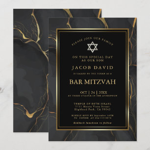 Modern Black Guld Marble Pub Mitzvah Inbjudningar