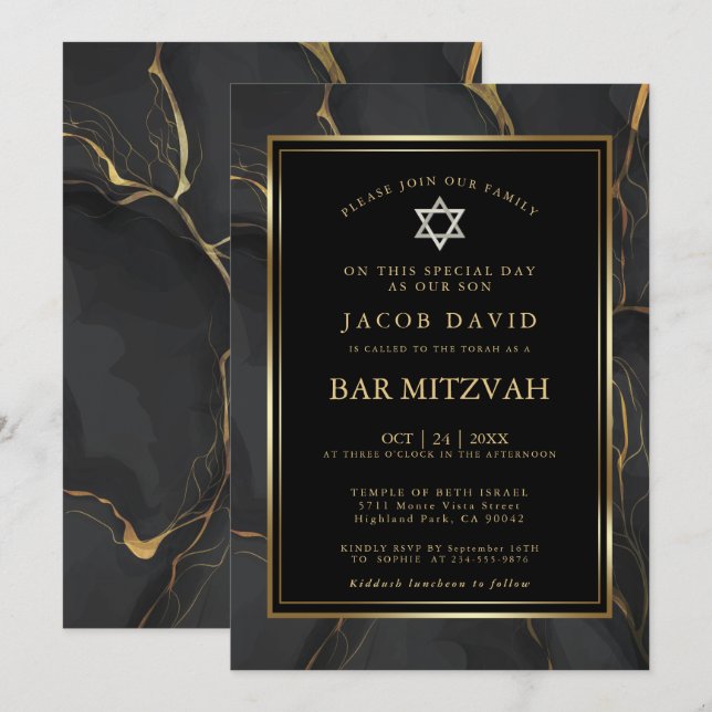 Modern Black Guld Marble Pub Mitzvah Inbjudningar (Fram/baksida)