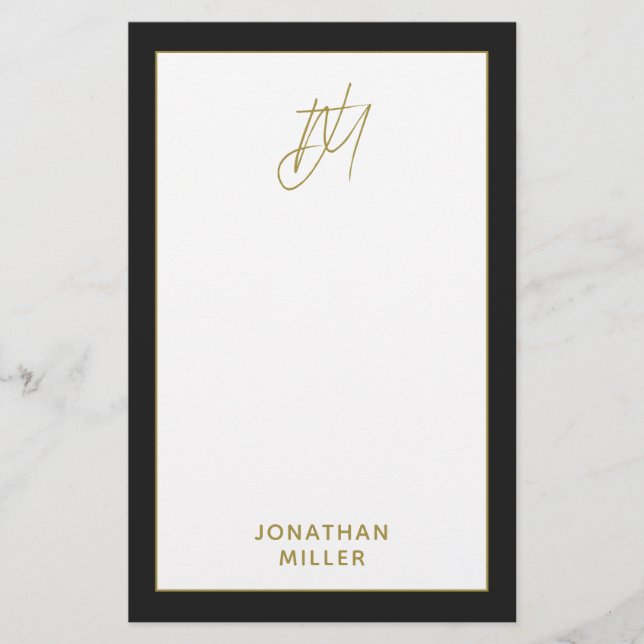 Modern Black Guld Monogram Brevpapper (Framsida)