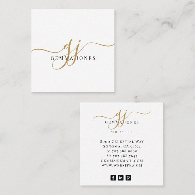 Modern Black Guld Monogram Feminine-skript Namn Fyrkantigt Visitkort (Fram/baksida)