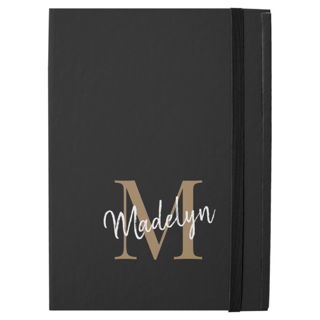 Modern Black Guld Monogram Feminine Snyggt Script iPad Pro 12.9" Skal (Framsida stängd)