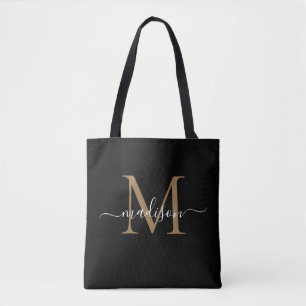 Modern Black Guld Monogram Girly Feminine-skript Tygkasse