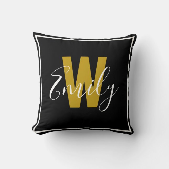 Modern Black Guld Monogram Gräns Kudde (Framsida)