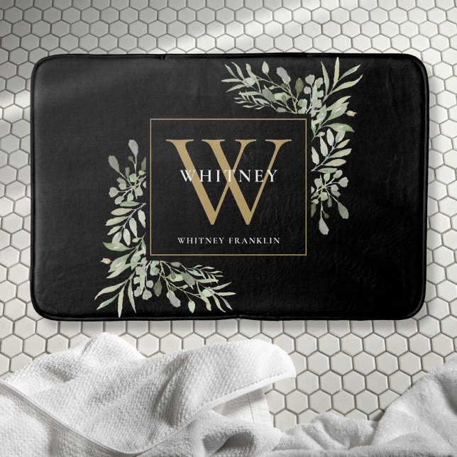 Modern Black Guld Monogram Greenery Löv Badrumsmatta (Modern Black Gold Monogram Greenery Leaves Bath Mat)