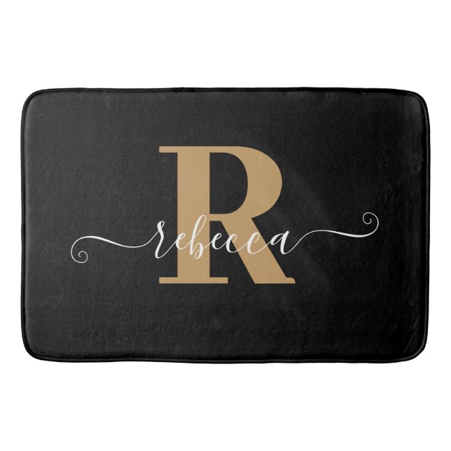 Modern Black Guld Monogram Hand-skript Namn Bath M Badrumsmatta (Framsidan)