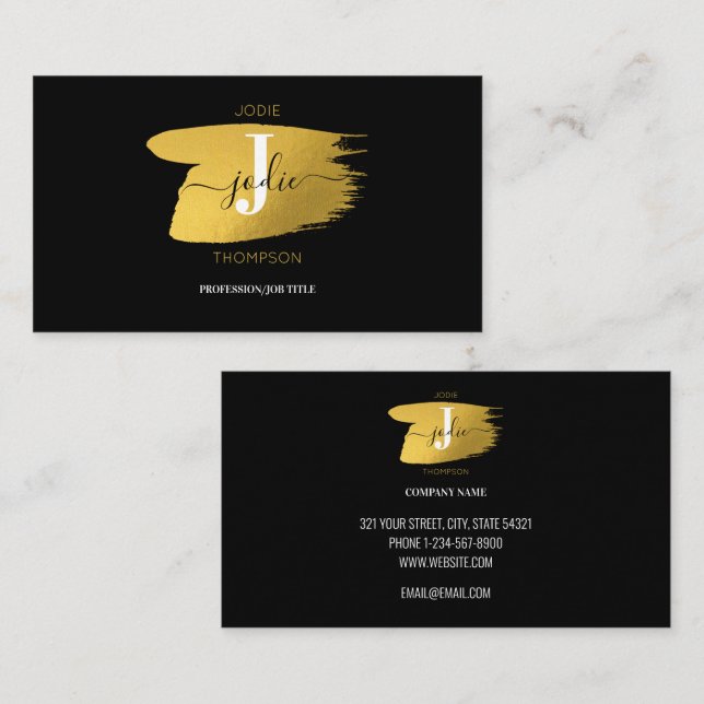 Modern Black & Guld Monogram Initial Visitkort (Fram/baksida)