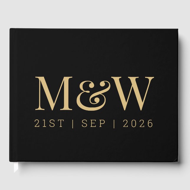 Modern Black Guld Monogram Initialer Bröllop Gästböcker (Framsida)
