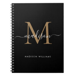 Modern Black Guld Monogram Script Namn Initial Anteckningsbok