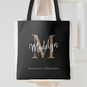 Modern Black Guld Monogram Script Namn Initial Tygkasse