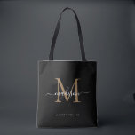 Modern Black Guld Monogram Script Namn Initial Tygkasse<br><div class="desc">Modern Black Guld Monogram Elegant    Namn Initial Tote Bag</div>