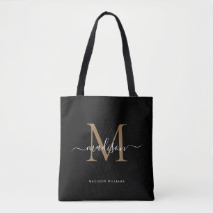 Modern Black Guld Monogram Script Namn Initial Tygkasse