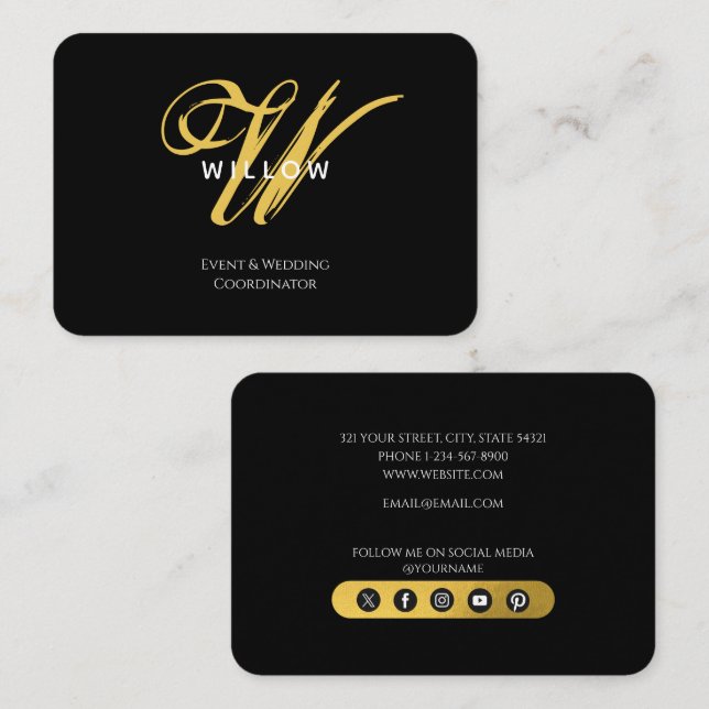 Modern Black & Guld Monogram Visitkort (Fram/baksida)