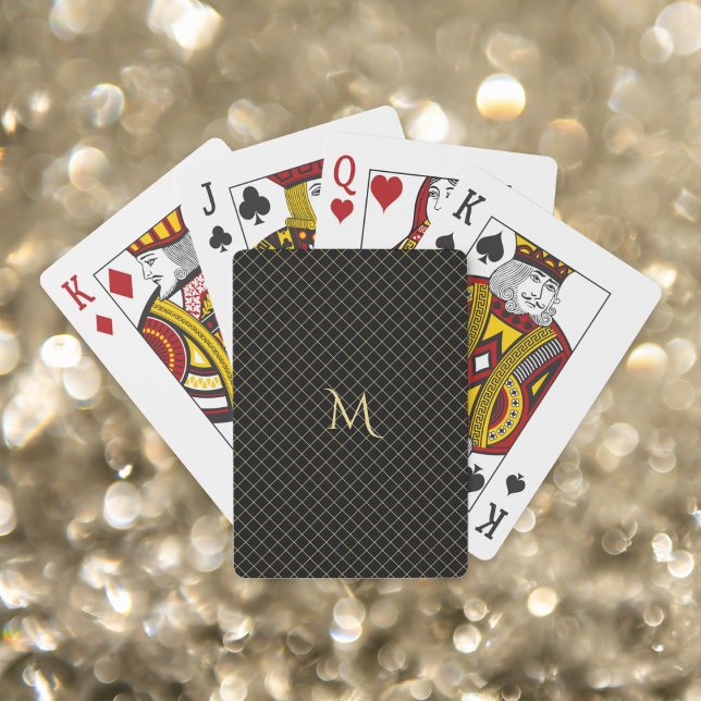 Modern Black Guld Monogrammed Check Rand Poker Kortlek (Modern Black Gold Monogrammed Check Stripes Poker Playing Cards)