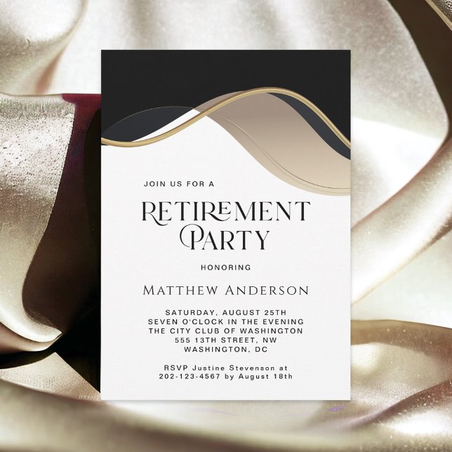 Modern Black, Guld och Tan Pension Party Inbjudningar (Available as printed and paperless digital download!)