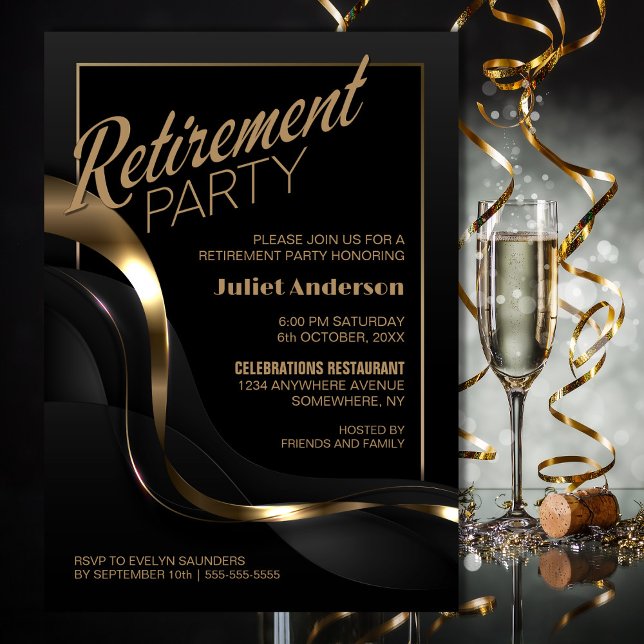 Modern Black Guld Pension Party Inbjudningar (Skapare uppladdad)