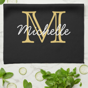 Modern Black Guld Personlig Namn Monogrammed Kökshandduk