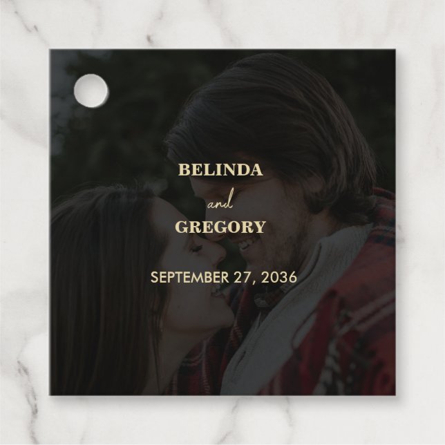 Modern Black Guld Photo Overlay Bröllop Gåvor Etiketter (Framsida)