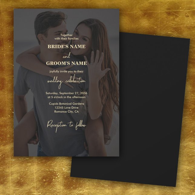 Modern Black Guld Photo Overlay Bröllop Inbjudningar (Modern Black Gold Photo Overlay Wedding)