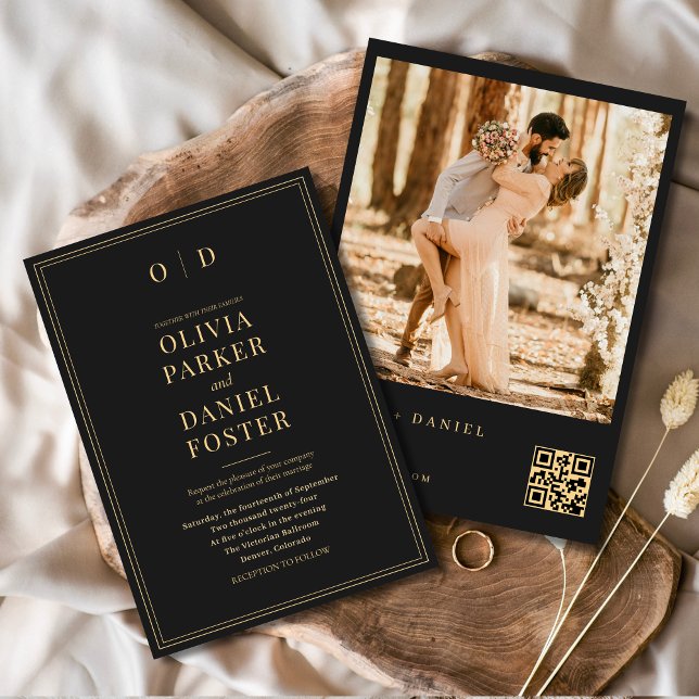 Modern Black Guld Photo QR-kod Bröllop Inbjudningar (Skapare uppladdad)