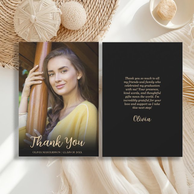 Modern Black Guld Photo Studenten Tack Kort (Graduation photo Thank You card)