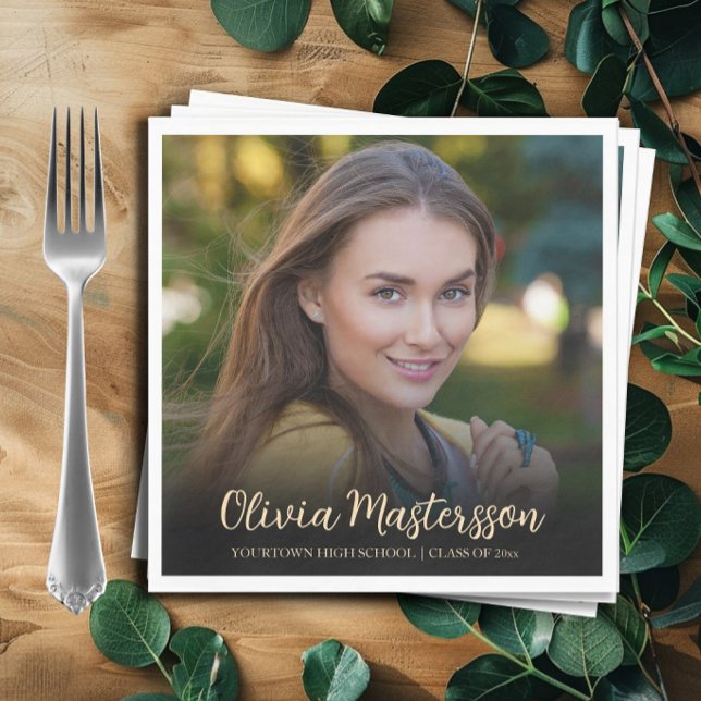 Modern Black Guld Photo Studentfest Pappersservett (Black and gold graduation party photo paper napkins.)