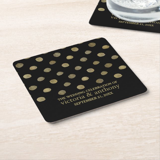 Modern Black & Guld Polka dots Bröllop Underlägg Papper Kvadrat (Vinklad)