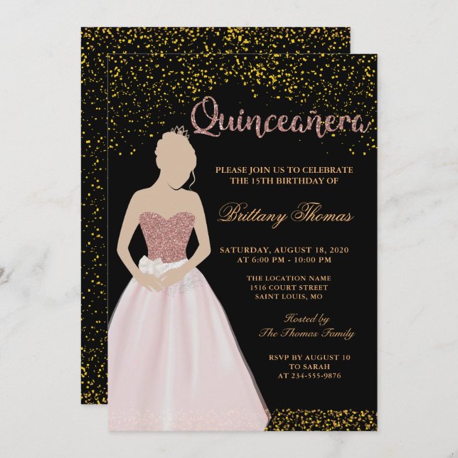 Modern Black & Guld Quinceanera 15:e födelsedagen Inbjudningar (Fram/baksida)