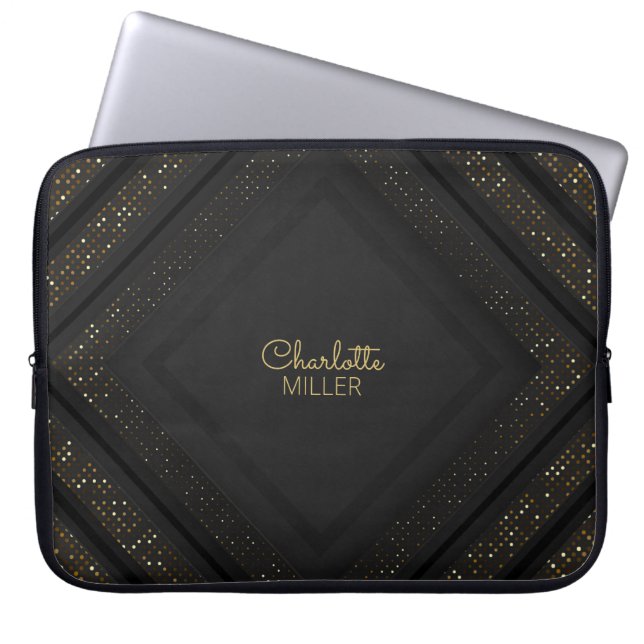 Modern Black-Guld-raster med Mönster och eget namn Laptop Fodral (Framsidan)