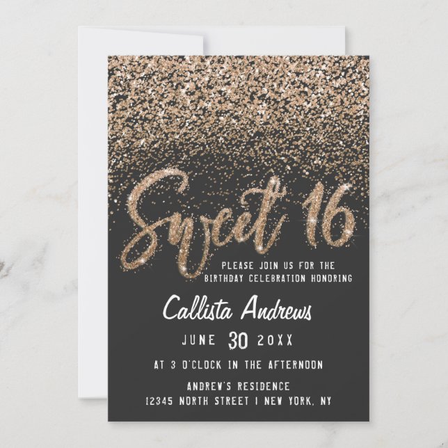 Modern Black Guld Scattered Glitter Ombre Sweet 16 Inbjudningar (Framsida)