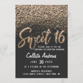 Modern Black Guld Scattered Glitter Ombre Sweet 16 Inbjudningar