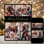 Modern Black Guld Script 5 Photo Collage-jul Julkort<br><div class="desc">Modern Elegant Simple Calligraphy Black and Guld 5 Photo Collage God jul Script Helgdag Card. Den här festliga minimalistmallen med fem (5) fotokort Julhälsningar en söt-fotokollage och säger "God jul"! Texten "God jul" hälsning är skriven i ett vackert handskript som snabbt byts ut mot svan i guld mot svart bakgrund...</div>