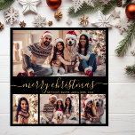 Modern Black Guld Script 5 Photo Collage-jul Julkort<br><div class="desc">Minimalistiskt Modern Elegant Calligraphy Black och Guld 5 Photo Collage God jul Calligraphy Script Helgdag Card. Den här festila, imalistiska, vismatiska helgdag-kortmallen har söt fyra (4) fotokollage på framsidan, 1 bild på bakfoto och säger "God jul" hälsning, som är skriven i ett vackert handskriftsformat som snabbt byter svan-typsnitt i guld...</div>