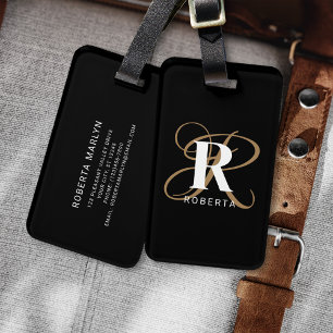Modern Black Guld Script Monogram Namn Bagagebricka