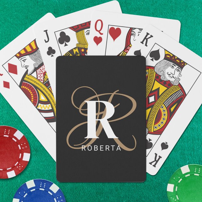 Modern Black Guld Script Monogram Namn Casinokort (Skapare uppladdad)