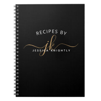 Modern Black Guld Script Monogram Namn Snyggt Anteckningsbok