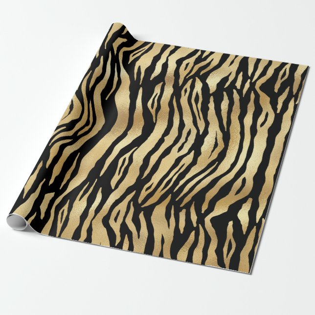 Modern Black Guld Shimmer Tiger Rand Birthday Presentpapper (Utrullad)