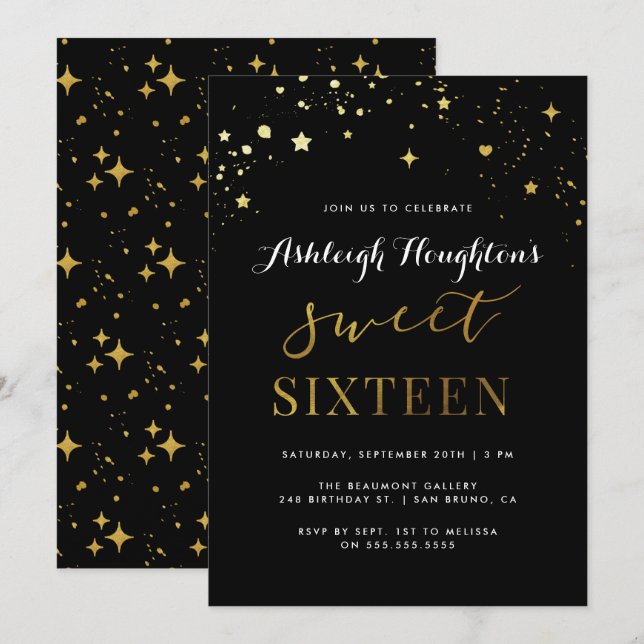 Modern Black & Guld Star Confetti Sweet 16 Inbjudningar (Fram/baksida)