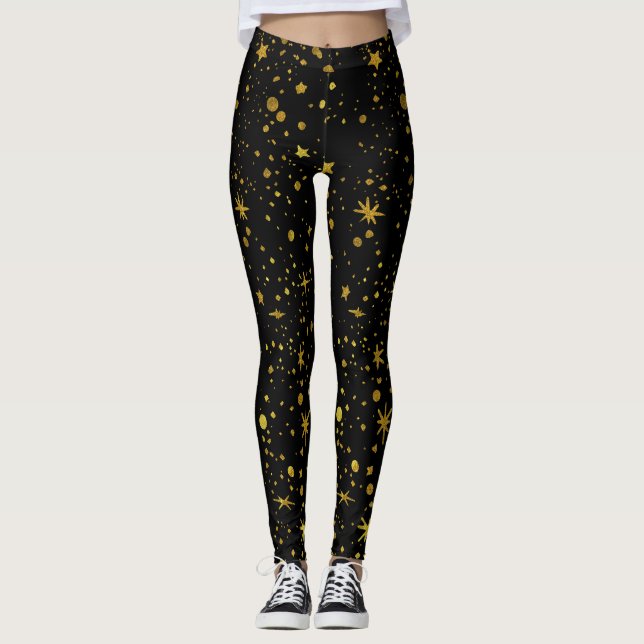 Modern Black Guld Stars Mönster Abstrakt Yoga Leggings (Framsida)