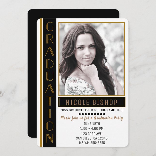 Modern Black Guld Studentfest Student Photo Inbjudningar (Fram/baksida)