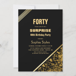 Modern Black Guld Surprise 40:e födelsedagen Party Inbjudningar