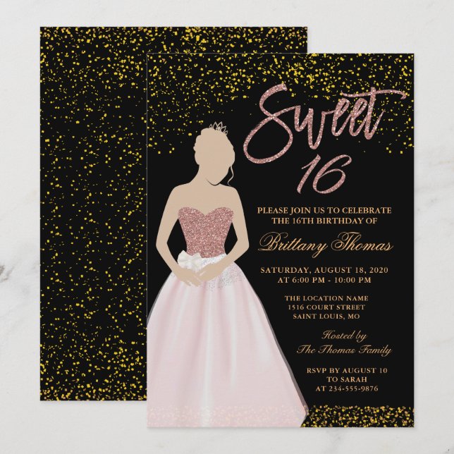 Modern Black & Guld Sweet sixteen 16 födelsedagar Inbjudningar (Fram/baksida)