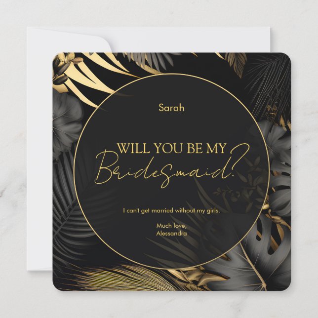Modern Black Guld Tropical Bröllop Bridesmaid Inbjudningar (Framsida)